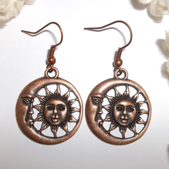Copper Sun Moon Earring Unisex Style Charm Dangle Drop Celestial Jewelry C006 - Picture 1 of 6